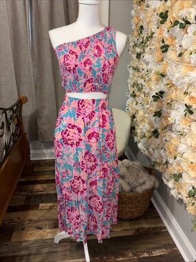 2 piece set One-Shoulder Floral Maxi Skirt Set in Pink & Aqua